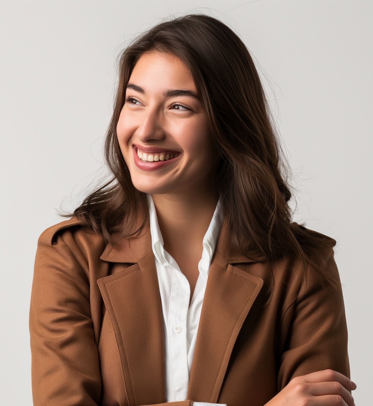 Young beautiful brunette businesswoman wearing jacket standing over white background looking away to side with smile on face, natural expression. Laughing confident. Young beautiful brunette businesswoman wearing jacket standing over white background looking away to side with smile on face, natural expression. Laughing confident.