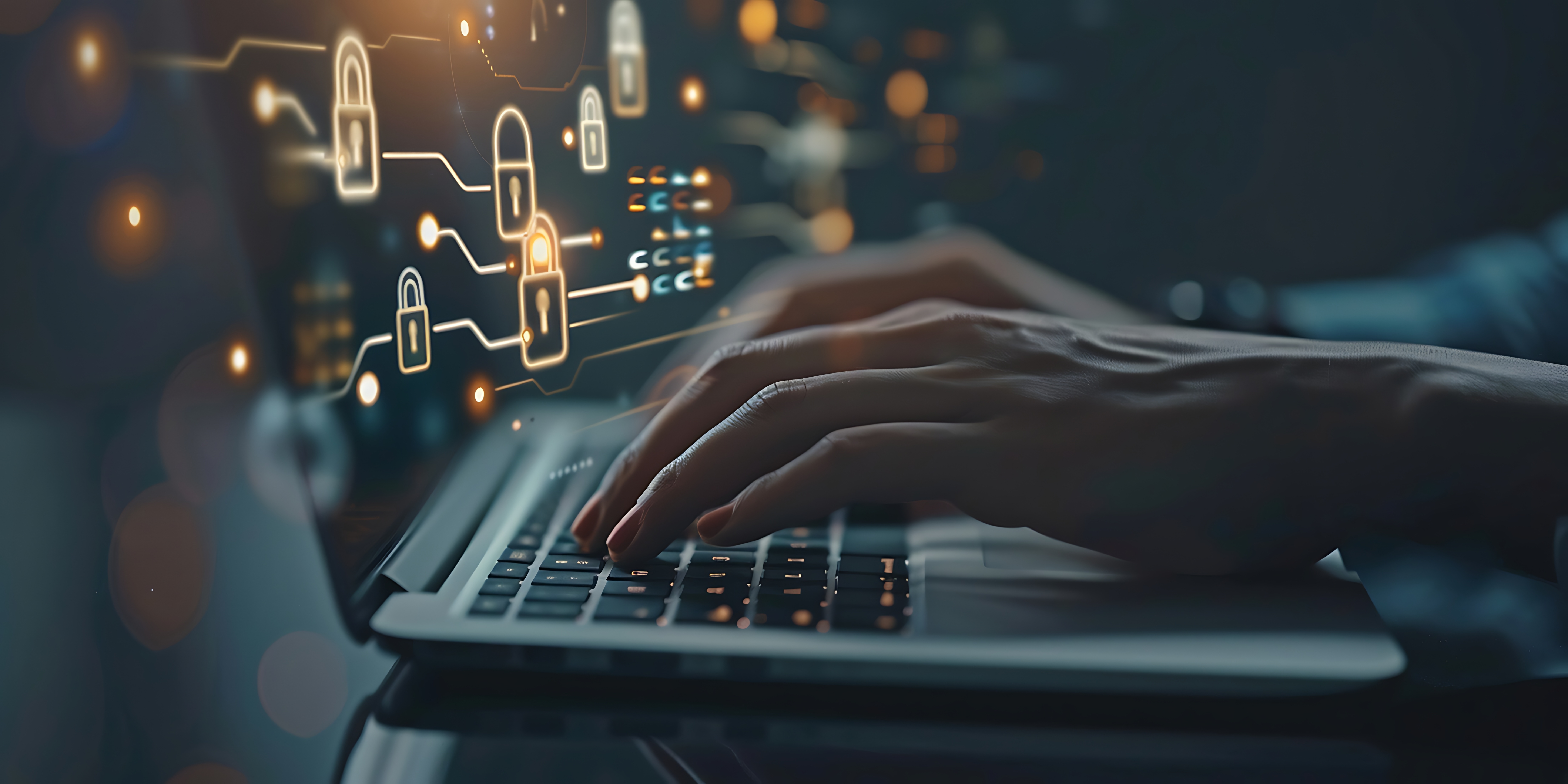 Cyber security concept. Hand pressing keypad lock on laptop keyboard